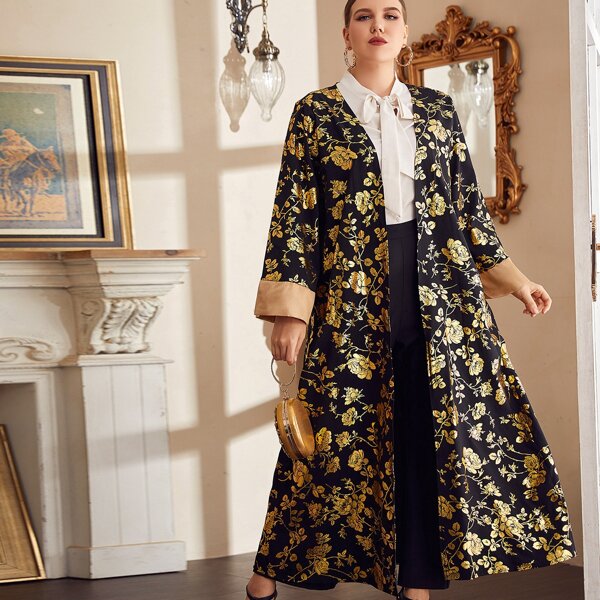 

Plus Gold Floral Print Open Front Abaya, Multicolor