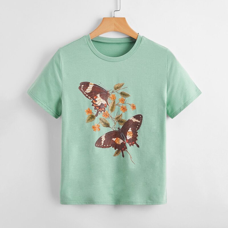 

Butterfly & Floral Graphic Tee, Mint green