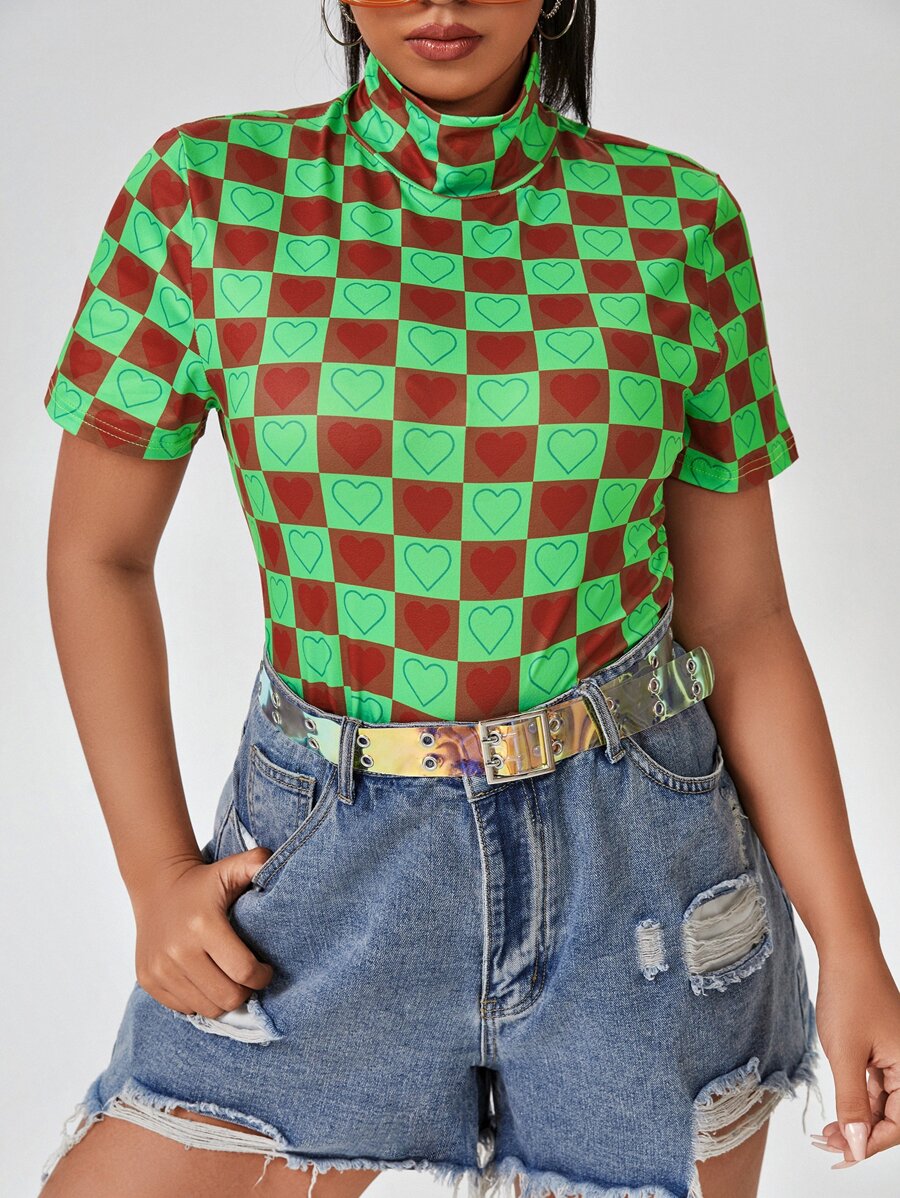 Plus Allover Heart And Plaid Print Tee - Multicolor - View 1