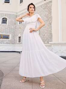 SHEIN Belle Vestido bajo con fruncido de manga mariposa - Blanco - Ver 1