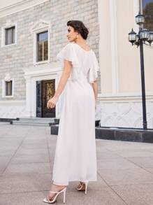 SHEIN Belle Vestido bajo con fruncido de manga mariposa - Blanco - Ver 2