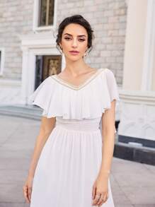 SHEIN Belle Vestido bajo con fruncido de manga mariposa - Blanco - Ver 4