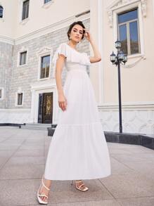 SHEIN Belle Vestido bajo con fruncido de manga mariposa - Blanco - Ver 5