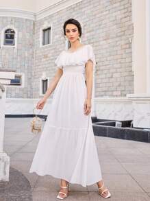 SHEIN Belle Vestido bajo con fruncido de manga mariposa - Blanco - Ver 6