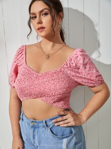 SHEIN Unity 大碼小碎花雞心領口圍裹襯衫 - 粉色 - 查看 1