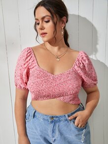 SHEIN Unity 大碼小碎花雞心領口圍裹襯衫 - 粉色 - 查看 3