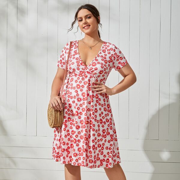 

Plus Allover Floral Wrap A-line Dress, Multicolor