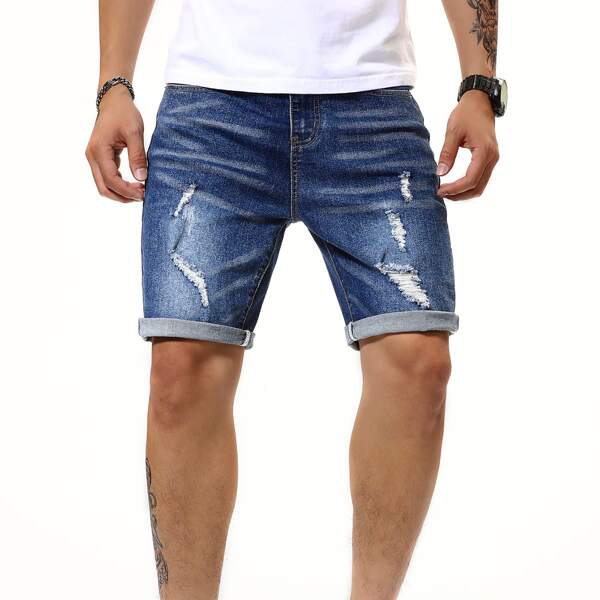 

Men Ripped Rolled Hem Bermuda Denim Shorts, Medium wash