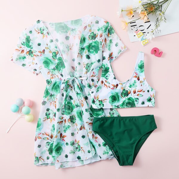 

3pack Girls Floral Print Bikini Swimsuit & Kimono, Green