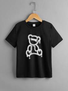SHEIN 男孩小熊印花T恤 - 黑色 - 查看 1