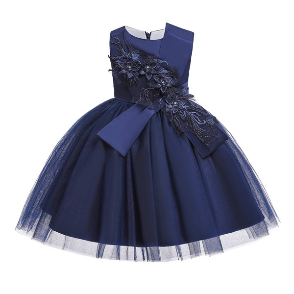 

Girls Contrast Mesh Hem Appliques Party Dress, Navy blue