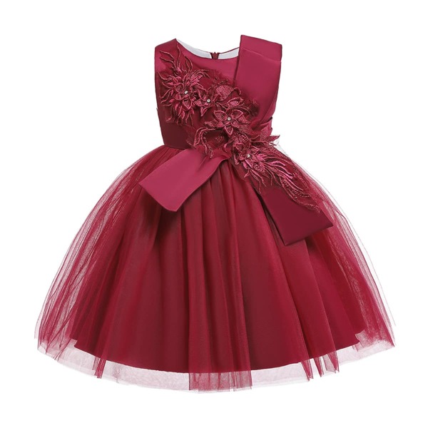 

Girls Contrast Mesh Hem Appliques Party Dress, Burgundy