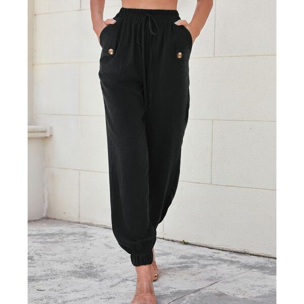 

Solid Knot Front Slant Pocket Pants, Black
