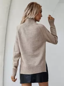 SHEIN LUNE Mock Neck Raglan Sleeve Split Hem Sweater,Long Sleeve Tops Knit Pullover Fall Winter Outfit - Mocha Brown - View 2