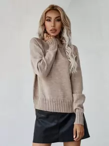 SHEIN LUNE Mock Neck Raglan Sleeve Split Hem Sweater,Long Sleeve Tops Knit Pullover Fall Winter Outfit - Mocha Brown - View 3