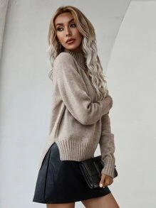 SHEIN LUNE Mock Neck Raglan Sleeve Split Hem Sweater,Long Sleeve Tops Knit Pullover Fall Winter Outfit - Mocha Brown - View 4