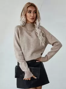 SHEIN LUNE Mock Neck Raglan Sleeve Split Hem Sweater,Long Sleeve Tops Knit Pullover Fall Winter Outfit - Mocha Brown - View 5