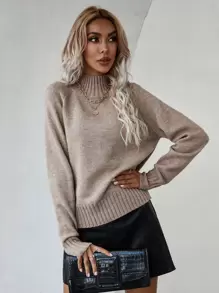 SHEIN LUNE Mock Neck Raglan Sleeve Split Hem Sweater,Long Sleeve Tops Knit Pullover Fall Winter Outfit - Mocha Brown - View 6