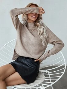 SHEIN LUNE Mock Neck Raglan Sleeve Split Hem Sweater,Long Sleeve Tops Knit Pullover Fall Winter Outfit - Mocha Brown - View 7