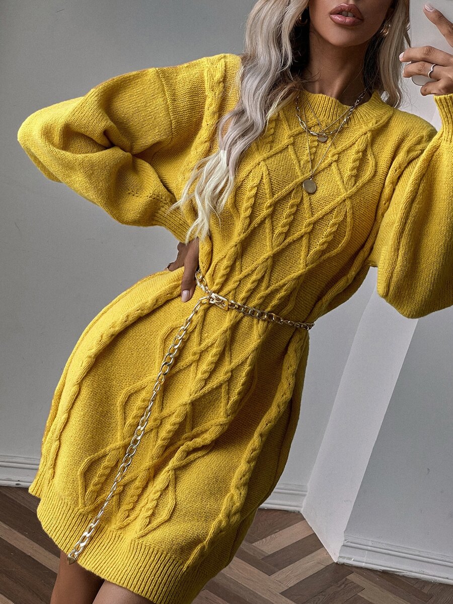 SHEIN LUNE Drop Shoulder Cable Knit Jumper Dress Without Belt - Mustard Yellow - View 1