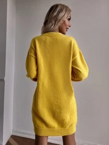 SHEIN LUNE Drop Shoulder Cable Knit Jumper Dress Without Belt - Mustard Yellow - View 2