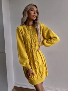 SHEIN LUNE Drop Shoulder Cable Knit Jumper Dress Without Belt - Mustard Yellow - View 4