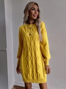 SHEIN LUNE Drop Shoulder Cable Knit Jumper Dress Without Belt - Mustard Yellow - View 5