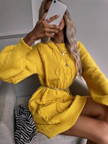 SHEIN LUNE Drop Shoulder Cable Knit Jumper Dress Without Belt - Mustard Yellow - View 6
