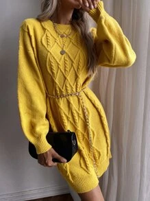 SHEIN LUNE Drop Shoulder Cable Knit Jumper Dress Without Belt - Mustard Yellow - View 7