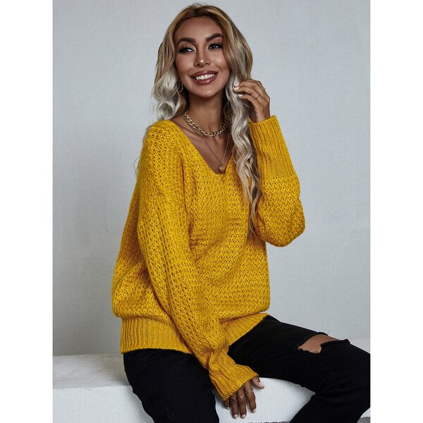 

Solid Drop Shoulder V-Neck Sweater, Mustard yellow