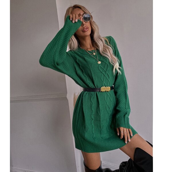 

Drop Shoulder Longline Sweater Without Belt, Green