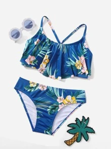 Tween Girl Floral & Plant Print Flounce Bikini Set Summer Beach - Navy Blue - View 1