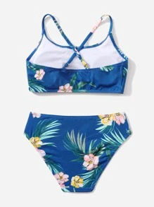 Tween Girl Floral & Plant Print Flounce Bikini Set Summer Beach - Navy Blue - View 2