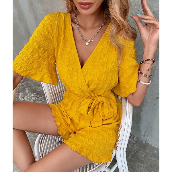 

Solid Surplice Neck Belted Romper, Yellow