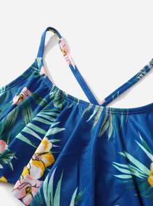 Tween Girl Floral & Plant Print Flounce Bikini Set Summer Beach - Navy Blue - View 3