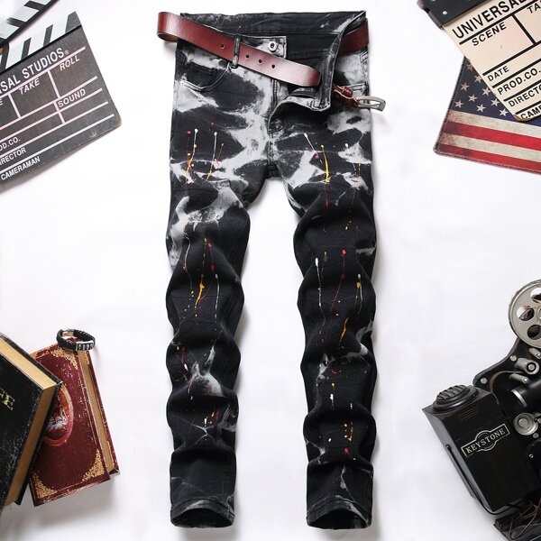 

Men Paint Splatter Pattern Jeans Without Belt, Black
