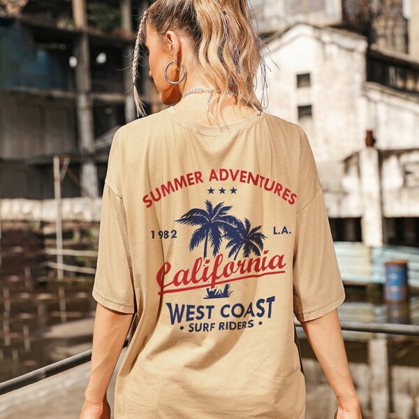 

Letter And Tropical Print Oversized Tee, Khaki