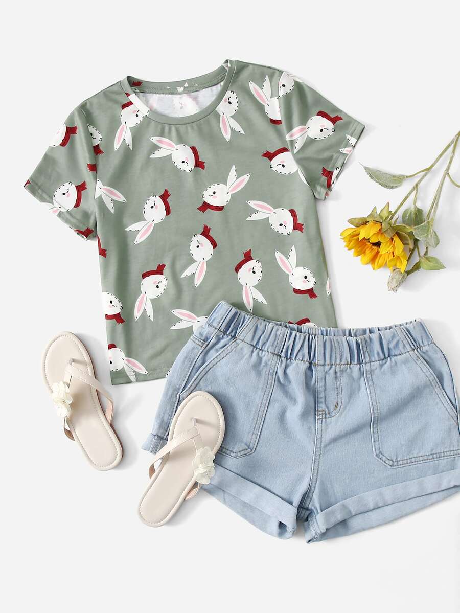 SHEIN تي شيرت بطباعة ارنب للبنات - أخضر - مشاهدة 1