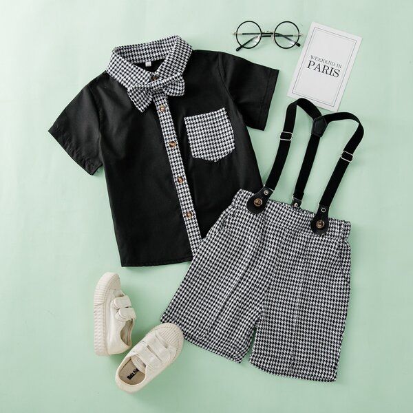 Toddler Boys Houndstooth Bow Tie Shirt With Suspender Shorts, Black