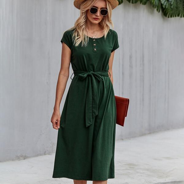 

Solid Button Detail Belted Dress, Dark green