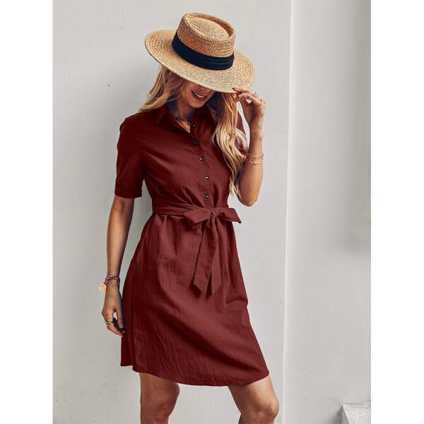 

Solid Self Tie Shirt Dress, Rust brown