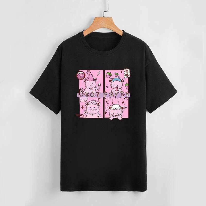 

Letter Cartoon Bear Graphic Tee, Black