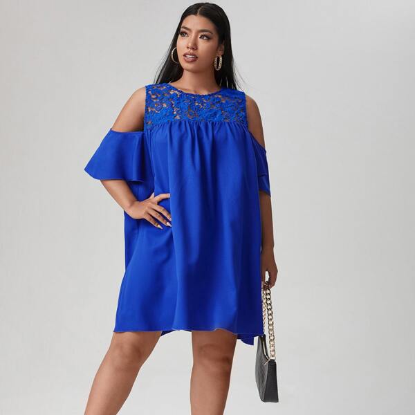 Plus Cold Shoulder Guipure Lace Detail Dress, Royal blue