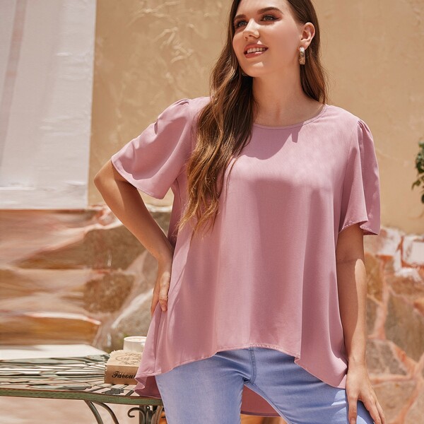 

Plus Puff Sleeve High Low Blouse, Dusty pink