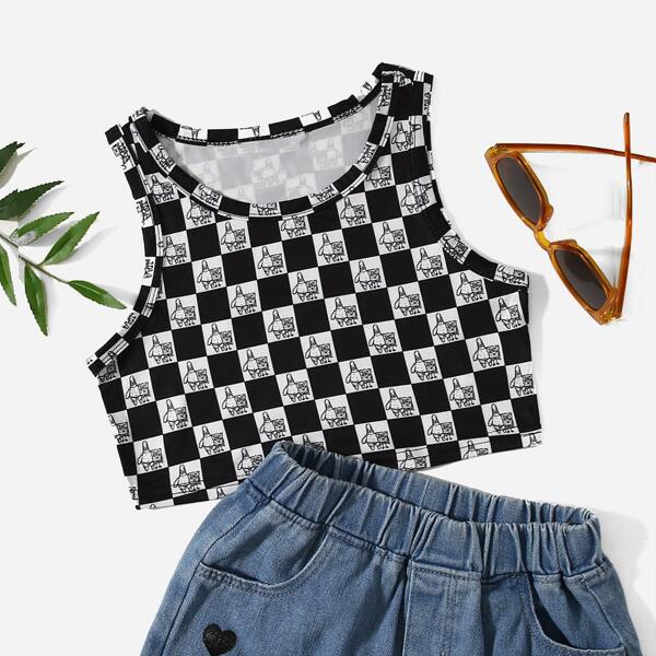 

Girls Cartoon & Checker Print Crop Tank Top, Black and white