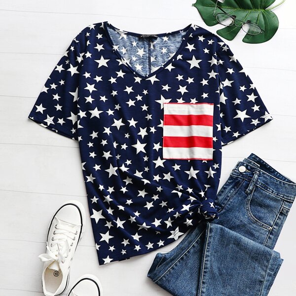 

Plus Stripe & Star Print Tee, Navy blue