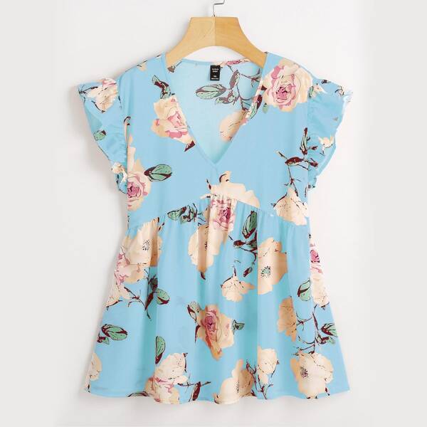 

Plus Floral Print Ruffle Trim Blouse, Baby blue