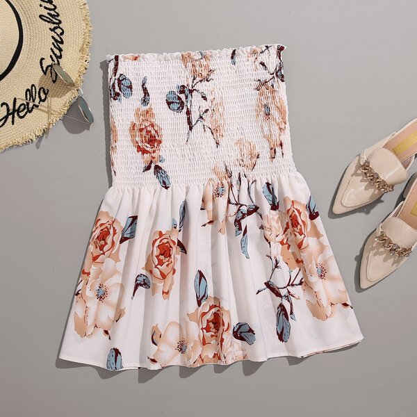 

Plus Floral Print Shirred Tube Top, White