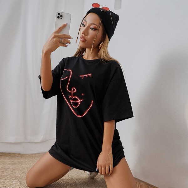 

Face Line Art Print Drop Shoulder Tee Dress, Black