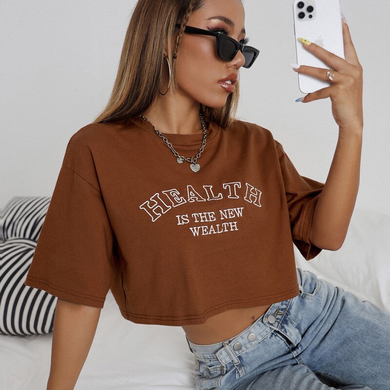 

Letter Graphic Drop Shoulder Crop Tee, Coffee brown
